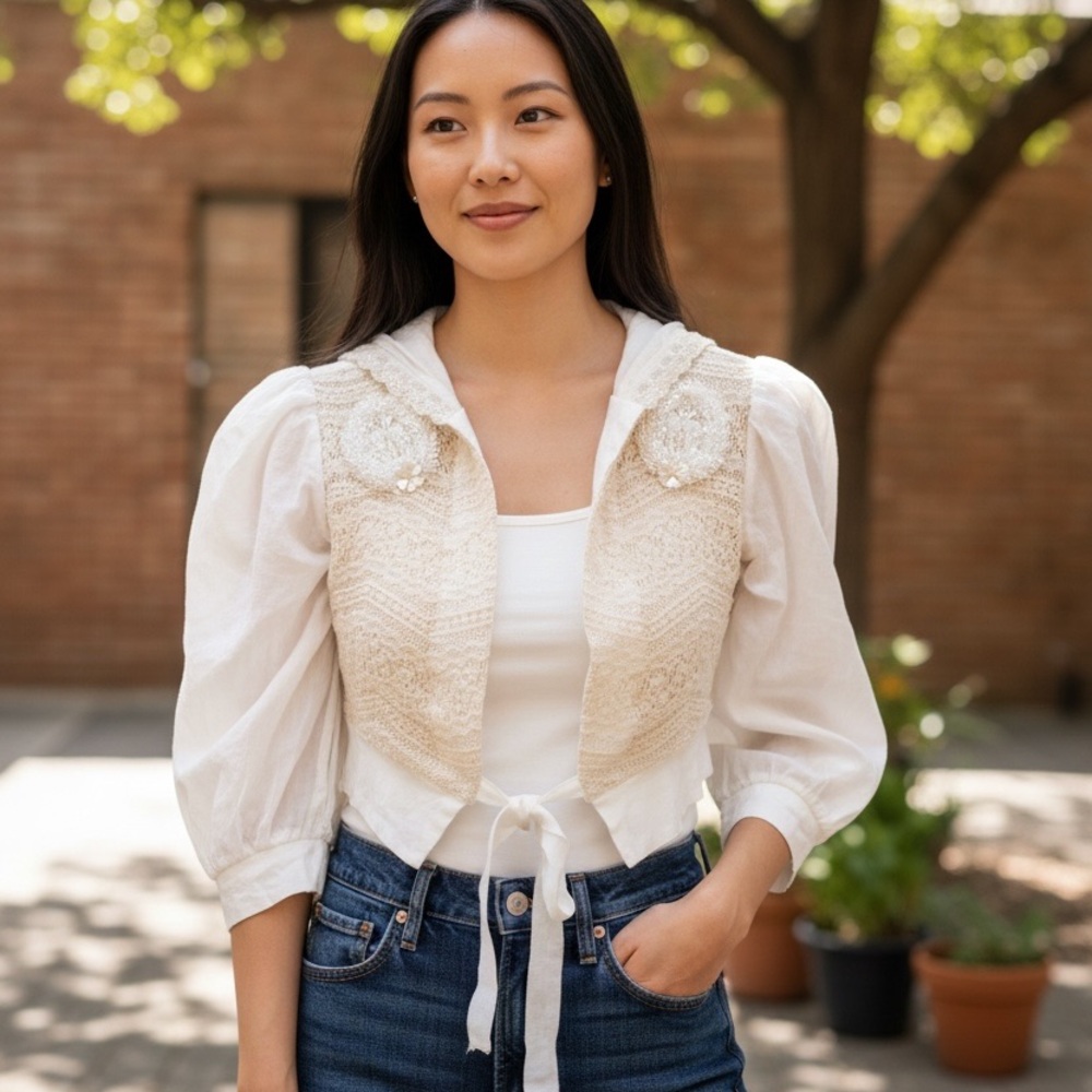 Elegant Cream and White Women's Blouse /‎ Bolero